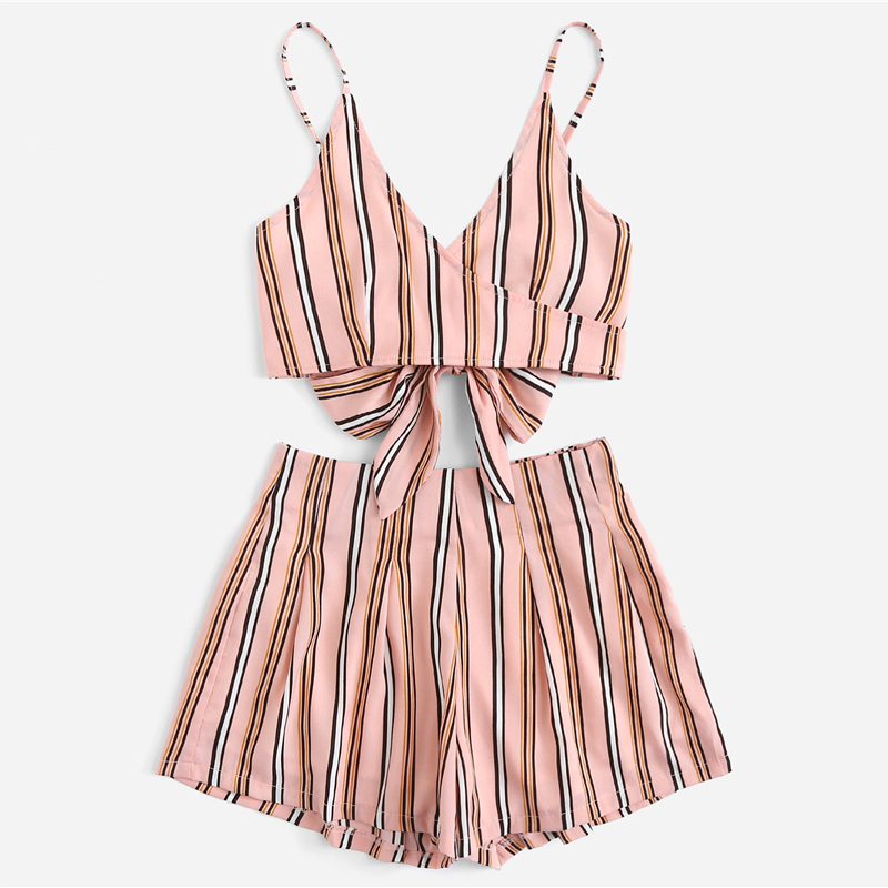 Striped Backless Crop Top & Shorts Set - Pink | Style Limits